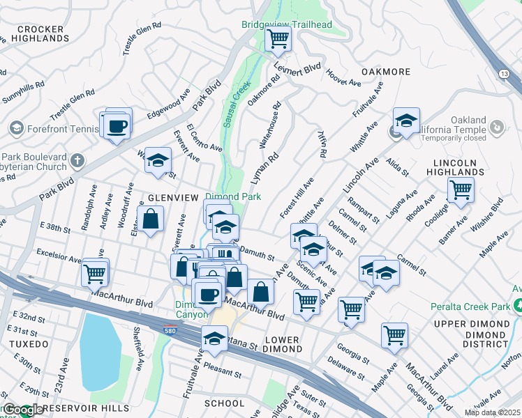 map of restaurants, bars, coffee shops, grocery stores, and more near 3847 Fruitvale Avenue in Oakland