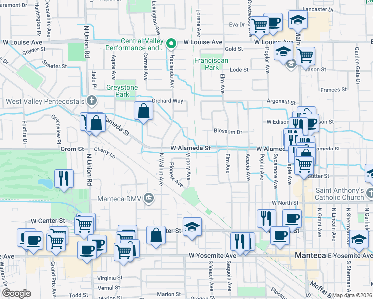map of restaurants, bars, coffee shops, grocery stores, and more near 722 West Alameda Street in Manteca