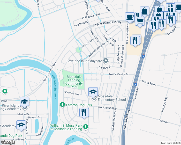 map of restaurants, bars, coffee shops, grocery stores, and more near 17187 Atlantic Oak Lane in Lathrop