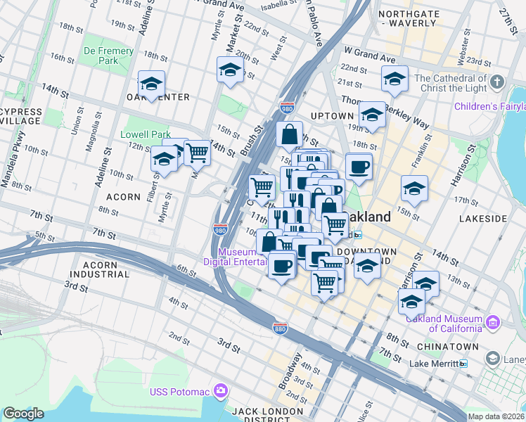 map of restaurants, bars, coffee shops, grocery stores, and more near in Oakland