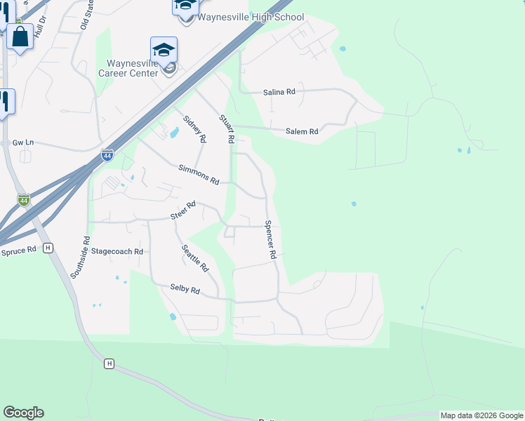 map of restaurants, bars, coffee shops, grocery stores, and more near 24625 Spencer Road in Waynesville