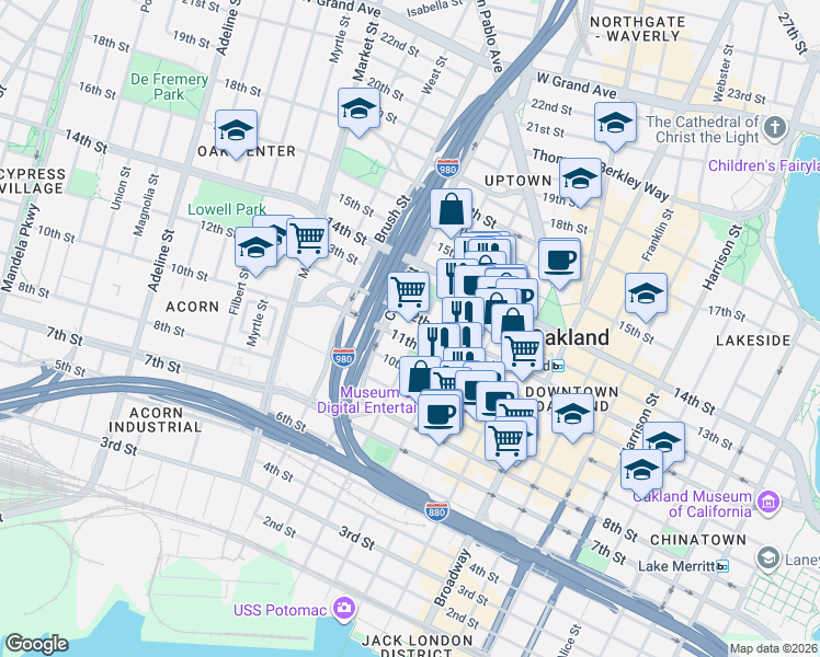 map of restaurants, bars, coffee shops, grocery stores, and more near 655 12th Street in Oakland
