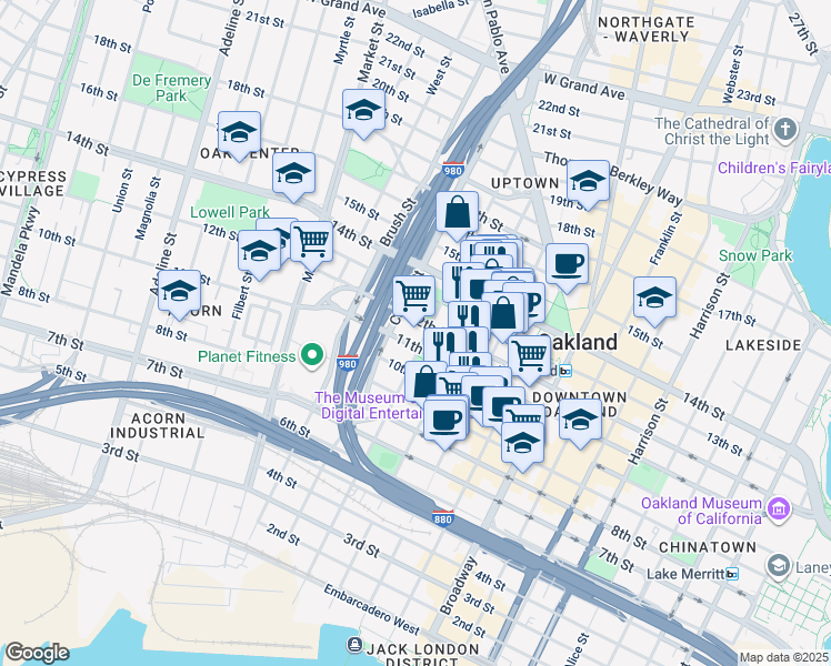 map of restaurants, bars, coffee shops, grocery stores, and more near 655 12th Street in Oakland