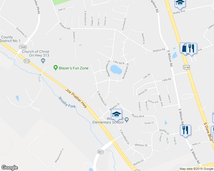 map of restaurants, bars, coffee shops, grocery stores, and more near 203 Meadowlake Drive in Radcliff