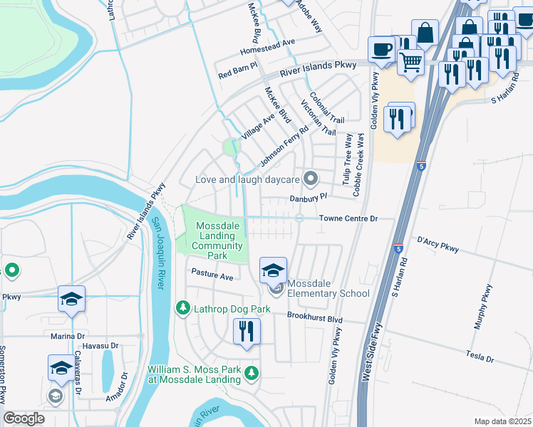 map of restaurants, bars, coffee shops, grocery stores, and more near 17187 Atlantic Oak Lane in Lathrop