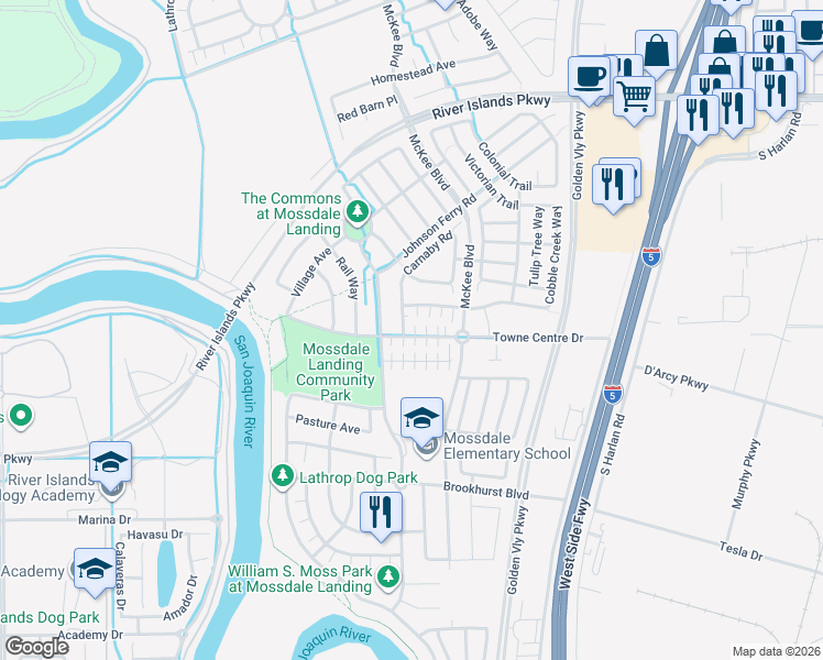 map of restaurants, bars, coffee shops, grocery stores, and more near 17187 Atlantic Oak Lane in Lathrop