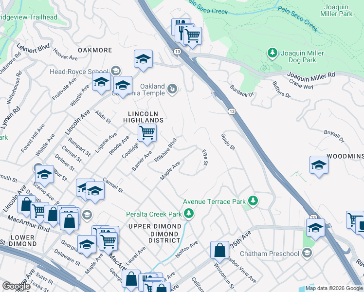 map of restaurants, bars, coffee shops, grocery stores, and more near 4289 Maple Avenue in Oakland