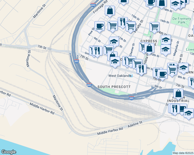 map of restaurants, bars, coffee shops, grocery stores, and more near in Oakland