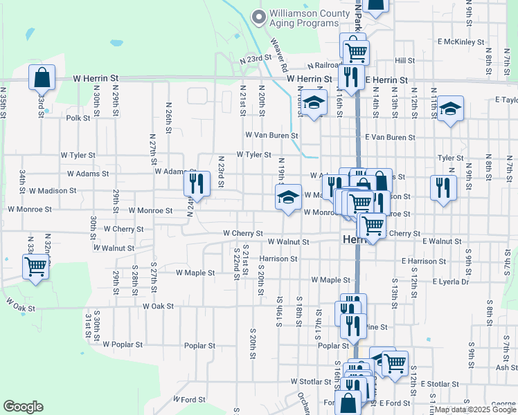 map of restaurants, bars, coffee shops, grocery stores, and more near 201 North 20th Street in Herrin