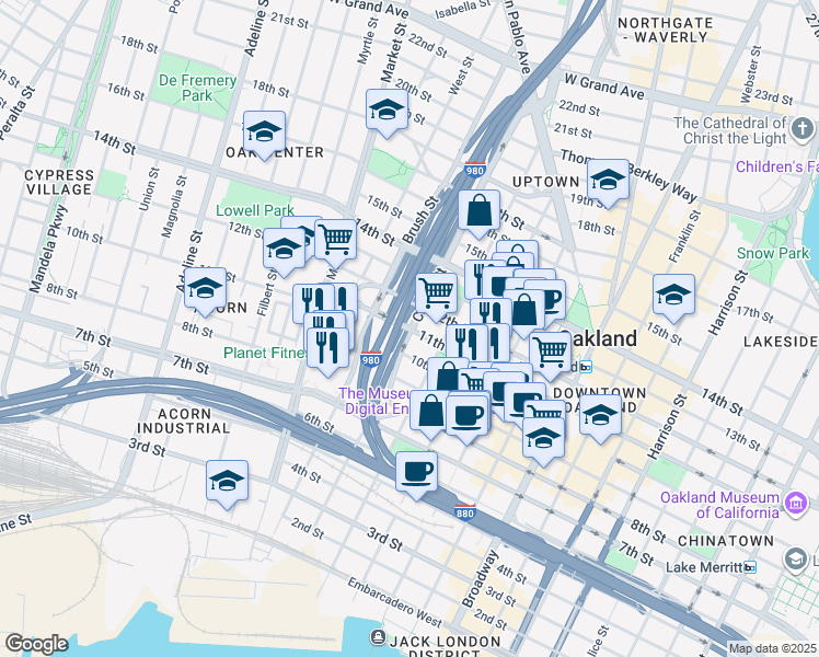 map of restaurants, bars, coffee shops, grocery stores, and more near 11th Street & Castro Street in Oakland