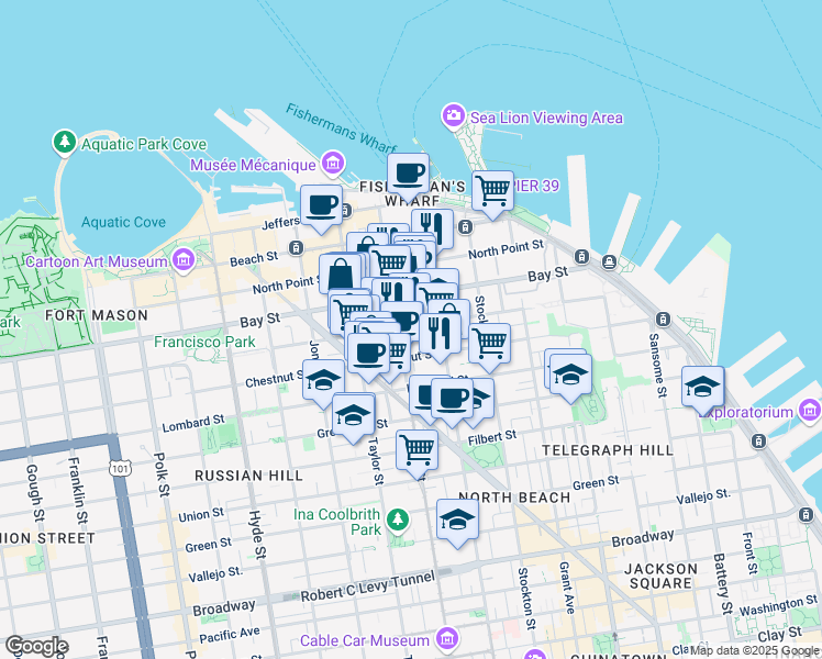 map of restaurants, bars, coffee shops, grocery stores, and more near 475 Francisco Street in San Francisco