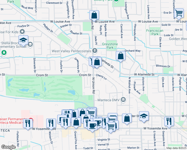map of restaurants, bars, coffee shops, grocery stores, and more near N Union Rd & Cherry Ln in Manteca
