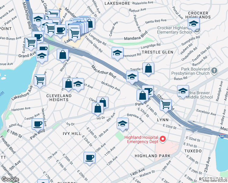 map of restaurants, bars, coffee shops, grocery stores, and more near 900 Prospect Avenue in Oakland