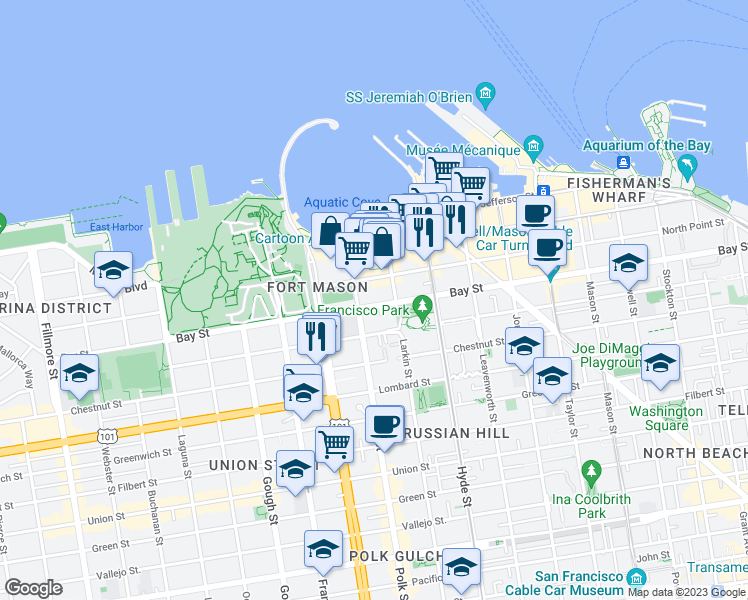 map of restaurants, bars, coffee shops, grocery stores, and more near 950 Bay Street in San Francisco