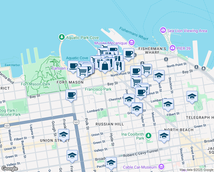 map of restaurants, bars, coffee shops, grocery stores, and more near in San Francisco