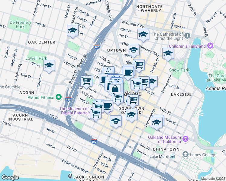 map of restaurants, bars, coffee shops, grocery stores, and more near 1200 Clay Street in Oakland