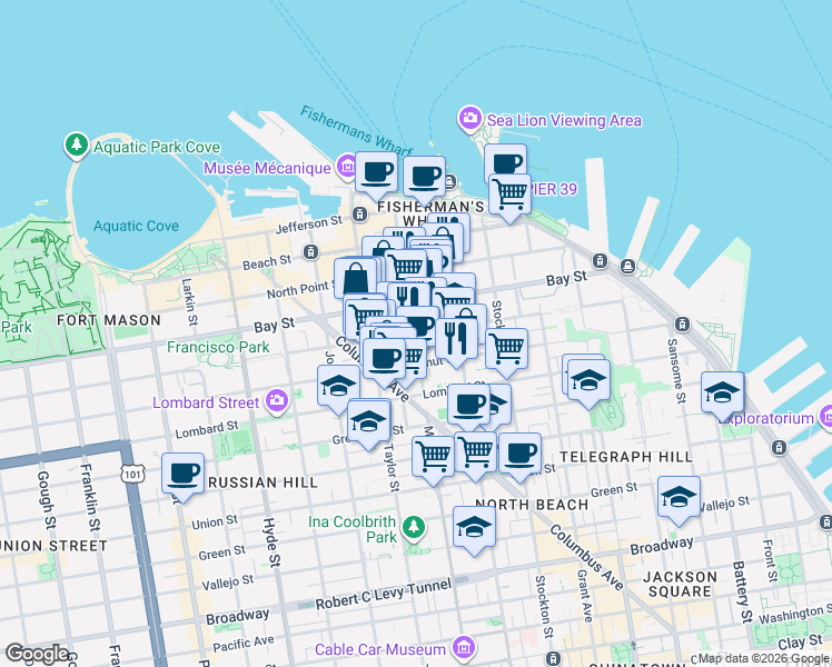map of restaurants, bars, coffee shops, grocery stores, and more near 475 Francisco Street in San Francisco