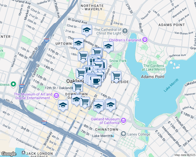 map of restaurants, bars, coffee shops, grocery stores, and more near 1508 Webster Street in Oakland