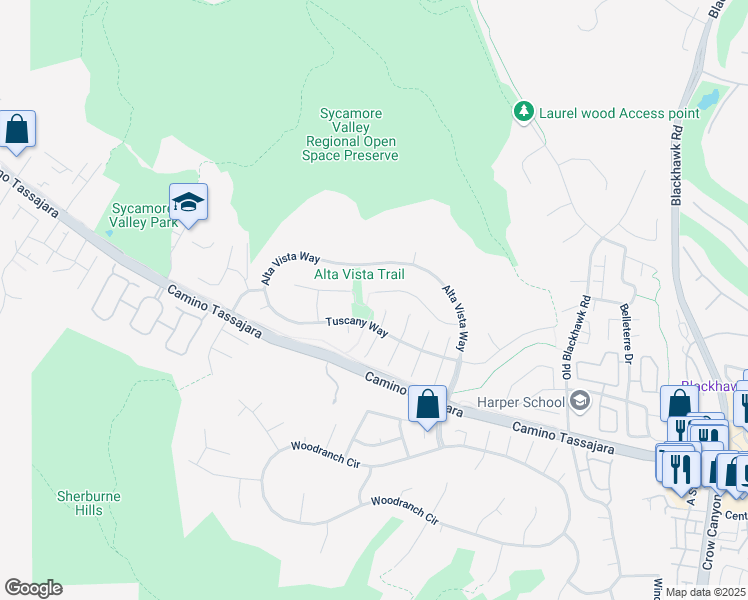 map of restaurants, bars, coffee shops, grocery stores, and more near 227 Murcia Ct in Danville