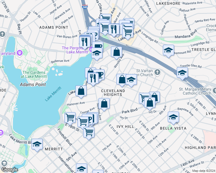 map of restaurants, bars, coffee shops, grocery stores, and more near in Oakland