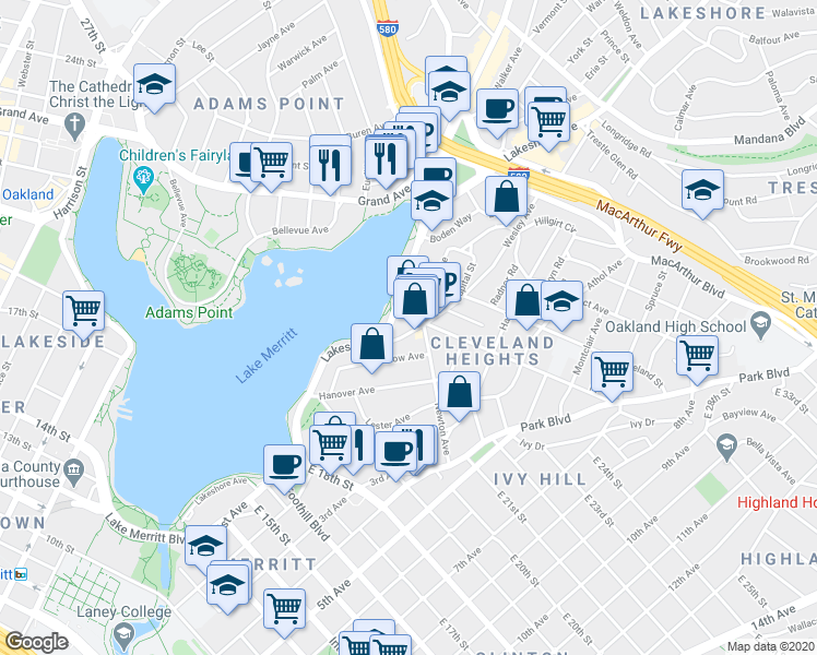 map of restaurants, bars, coffee shops, grocery stores, and more near 479 Wesley Avenue in Oakland