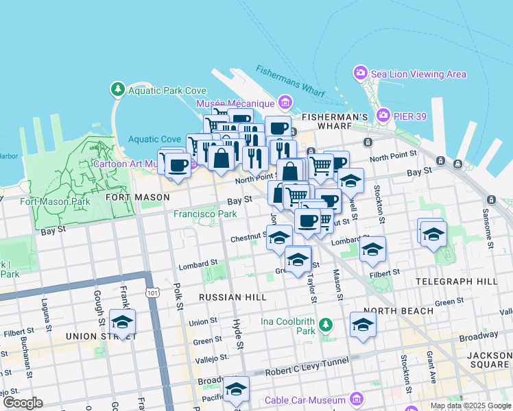 map of restaurants, bars, coffee shops, grocery stores, and more near in San Francisco