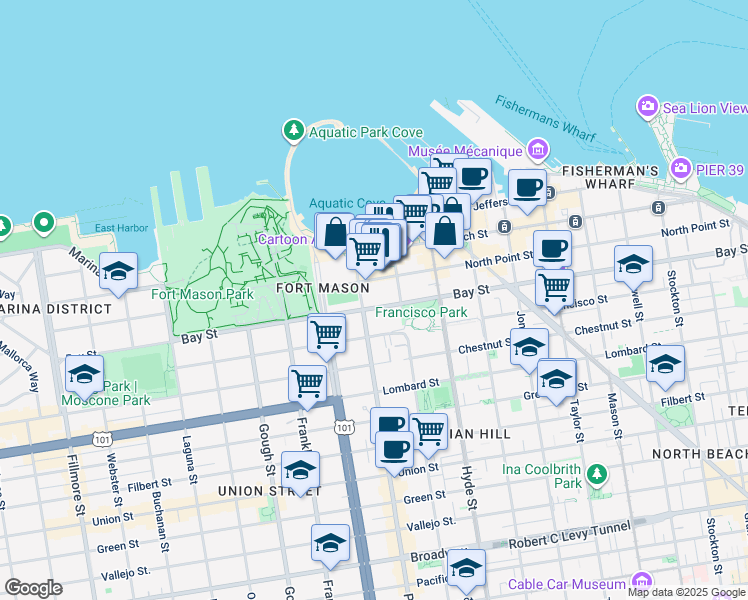 map of restaurants, bars, coffee shops, grocery stores, and more near 930 Bay Street in San Francisco