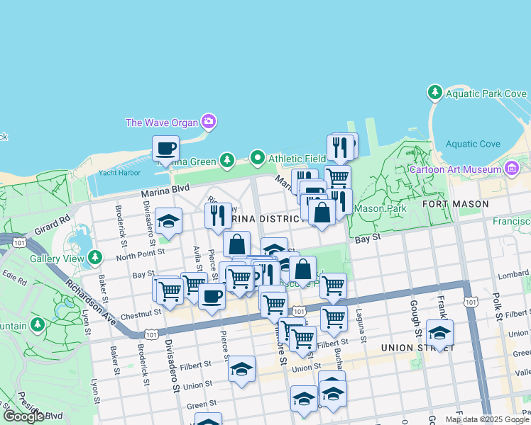 map of restaurants, bars, coffee shops, grocery stores, and more near 1631 Beach Street in San Francisco