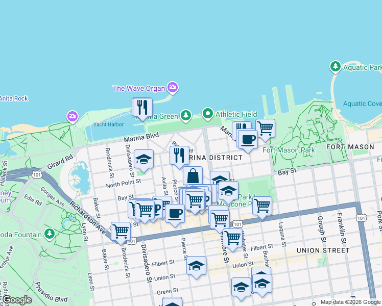 map of restaurants, bars, coffee shops, grocery stores, and more near 1780 Beach Street in San Francisco