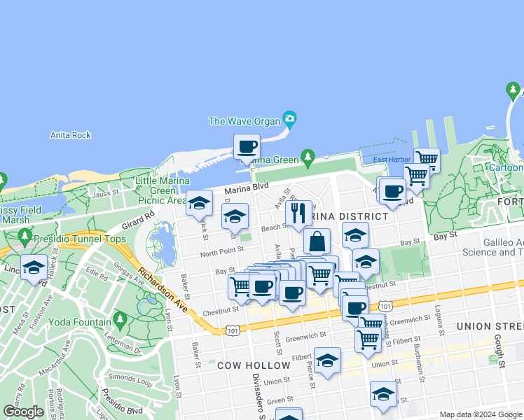 map of restaurants, bars, coffee shops, grocery stores, and more near 2 Prado Street in San Francisco