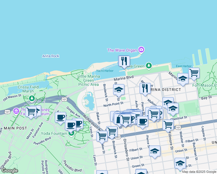 map of restaurants, bars, coffee shops, grocery stores, and more near 1981 Jefferson Street in San Francisco