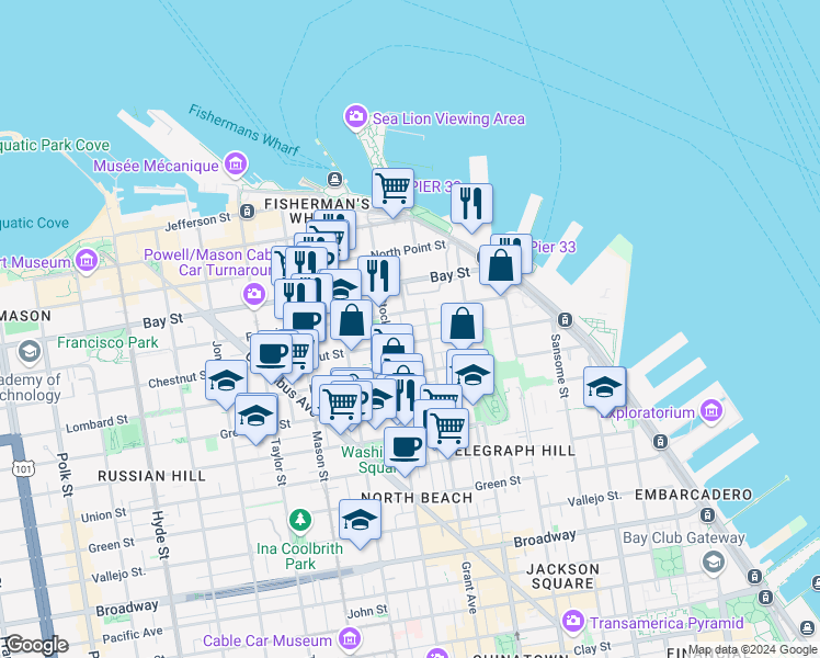 map of restaurants, bars, coffee shops, grocery stores, and more near 149 Pfeiffer Street in San Francisco