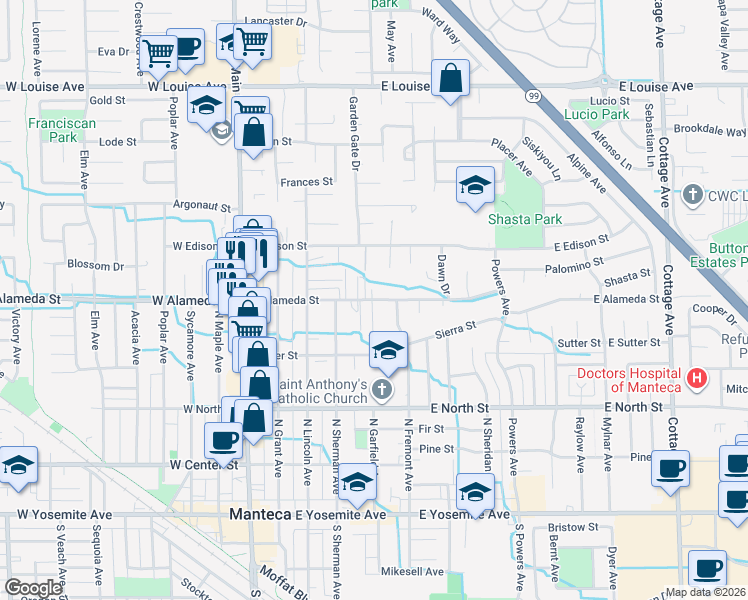 map of restaurants, bars, coffee shops, grocery stores, and more near 524 East Alameda Street in Manteca