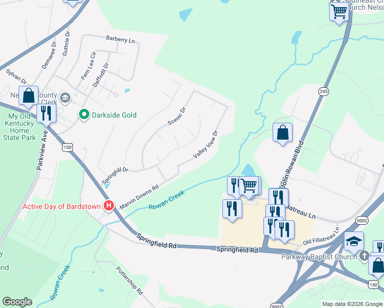 map of restaurants, bars, coffee shops, grocery stores, and more near 113 Valleyview Dr in Bardstown