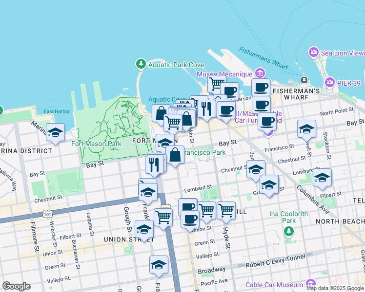 map of restaurants, bars, coffee shops, grocery stores, and more near 930 Bay Street in San Francisco