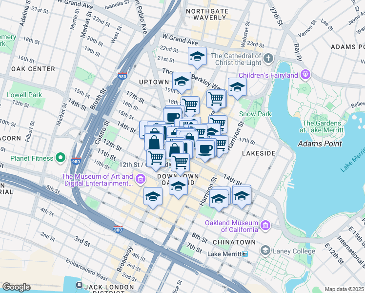 map of restaurants, bars, coffee shops, grocery stores, and more near in Oakland