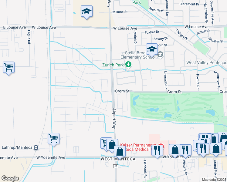 map of restaurants, bars, coffee shops, grocery stores, and more near 6639 Airport Way in Manteca