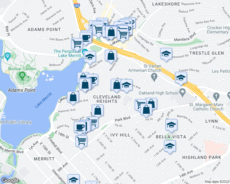 map of restaurants, bars, coffee shops, grocery stores, and more near 669 Cleveland Street in Oakland