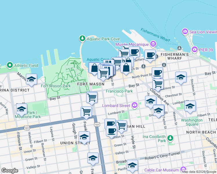 map of restaurants, bars, coffee shops, grocery stores, and more near 930 Bay Street in San Francisco