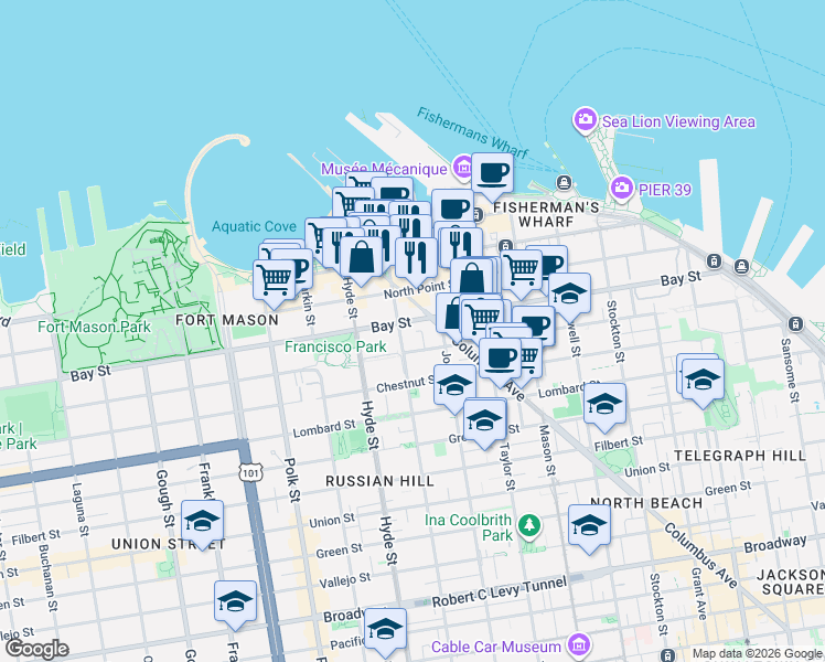map of restaurants, bars, coffee shops, grocery stores, and more near 72 Bret Harte Terrace in San Francisco