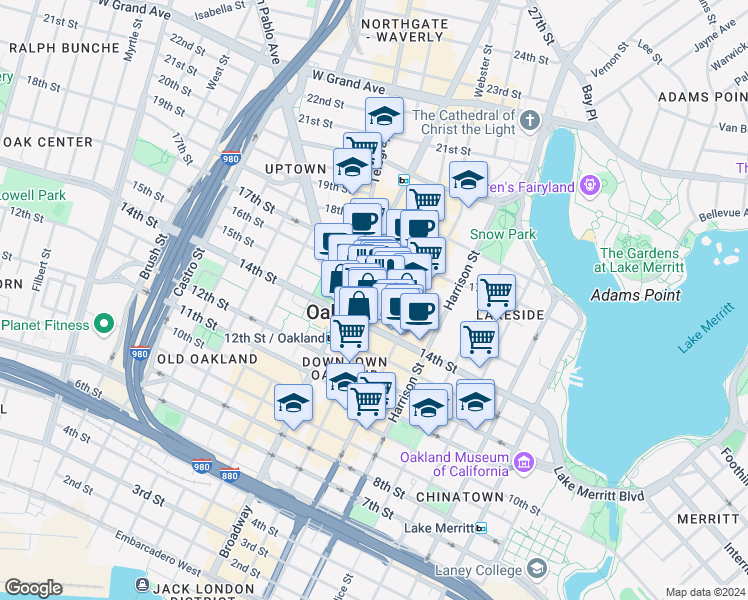 map of restaurants, bars, coffee shops, grocery stores, and more near 405 15th Street in Oakland