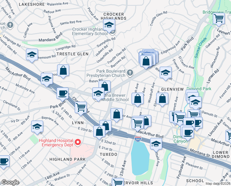 map of restaurants, bars, coffee shops, grocery stores, and more near 3846 Beaumont Avenue in Oakland