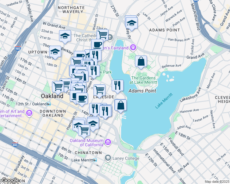 map of restaurants, bars, coffee shops, grocery stores, and more near in Oakland