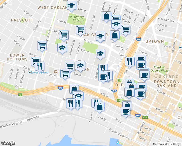 map of restaurants, bars, coffee shops, grocery stores, and more near 801 Filbert Street in Oakland