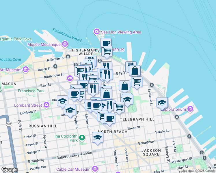 map of restaurants, bars, coffee shops, grocery stores, and more near in San Francisco