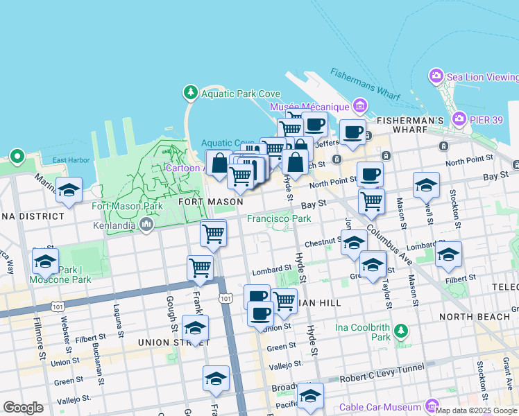 map of restaurants, bars, coffee shops, grocery stores, and more near 930 Bay Street in San Francisco