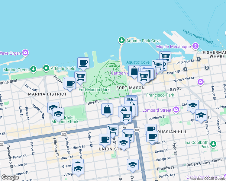 map of restaurants, bars, coffee shops, grocery stores, and more near 42 Fort Mason in San Francisco