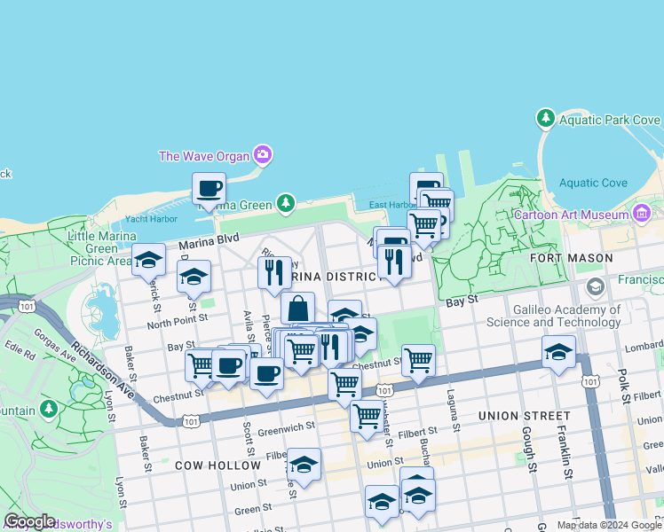 map of restaurants, bars, coffee shops, grocery stores, and more near in San Francisco