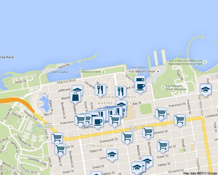 map of restaurants, bars, coffee shops, grocery stores, and more near 1780 Beach Street in San Francisco