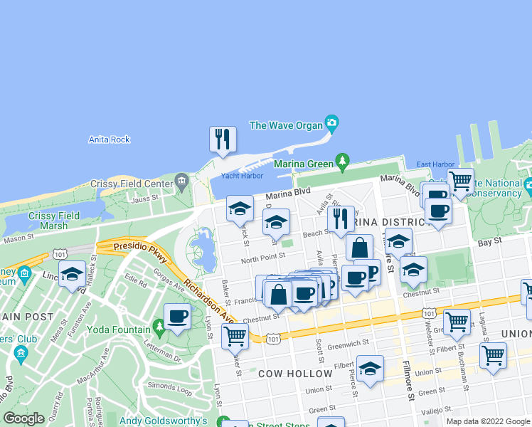map of restaurants, bars, coffee shops, grocery stores, and more near 1895 Jefferson Street in San Francisco